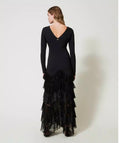 Vestido comprido com babados em tule plissado