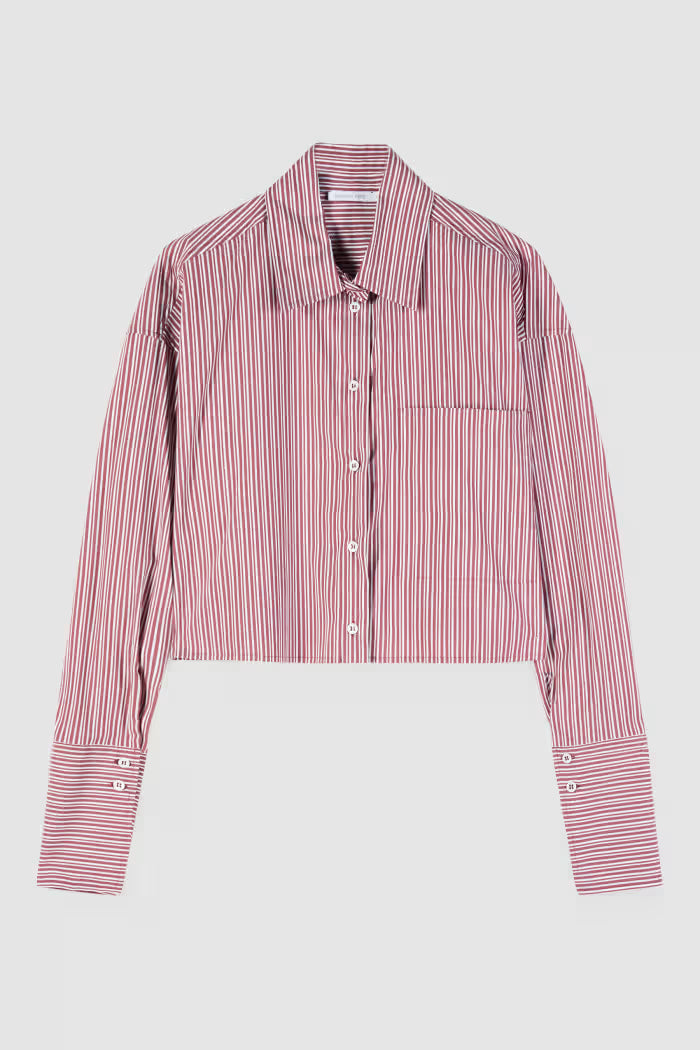 Camisa cropped em popelina às riscas